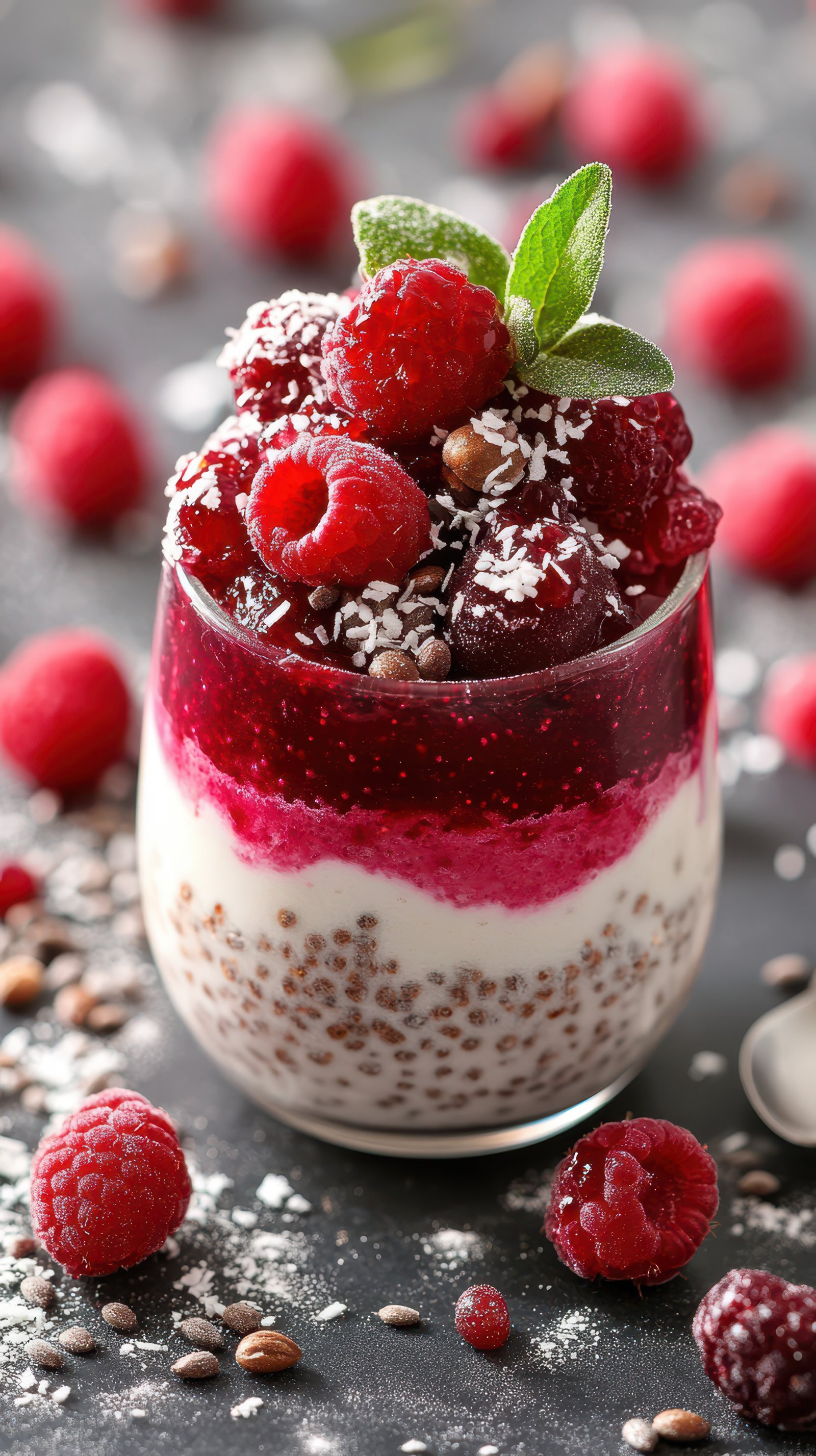 Delicious raspberry parfait served in a glass with layers of yogurt, chia seeds, and topped with fresh berries